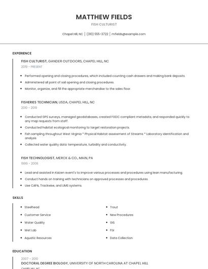 Fish Culturist Resume