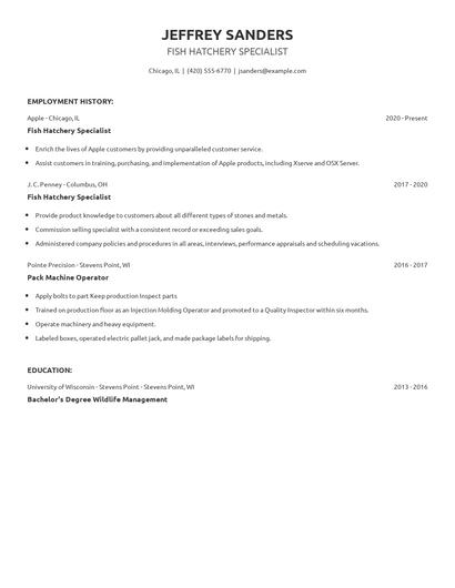 Fish Hatchery Specialist Resume