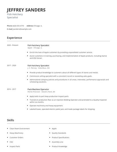 Fish Hatchery Specialist Resume