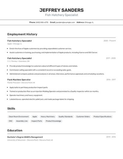 Fish Hatchery Specialist Resume