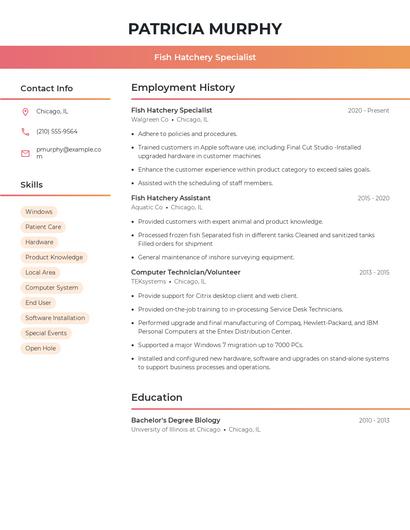 Fish Hatchery Specialist Resume