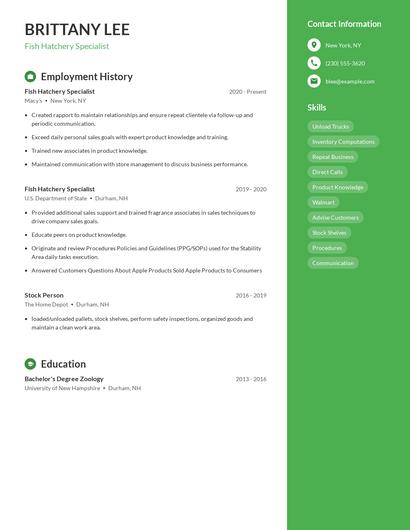 Fish Hatchery Specialist Resume