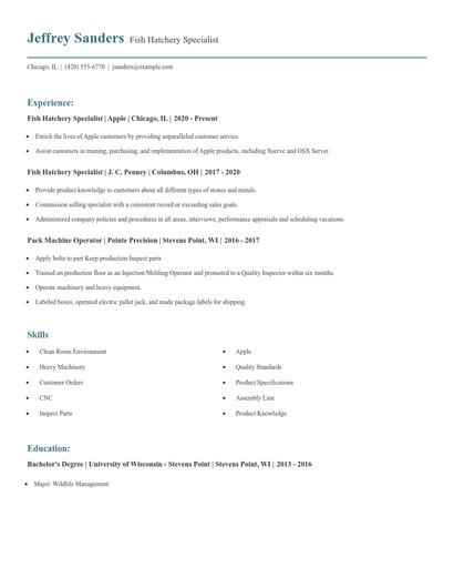 Fish Hatchery Specialist Resume