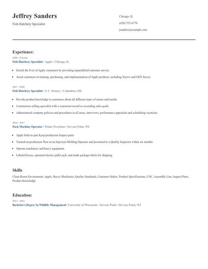 Fish Hatchery Specialist Resume