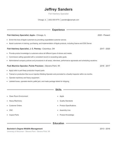 Fish Hatchery Specialist Resume