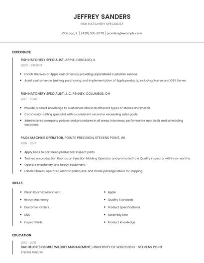 Fish Hatchery Specialist Resume