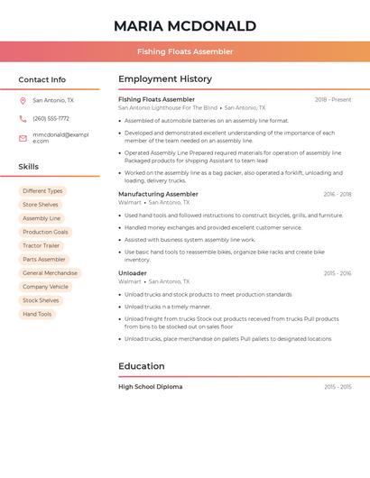 Fishing Floats Assembler Resume