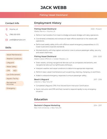 Fishing Vessel Deckhand Resume