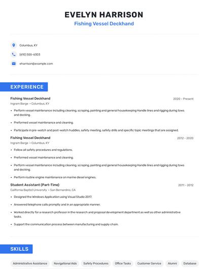 Fishing Vessel Deckhand Resume