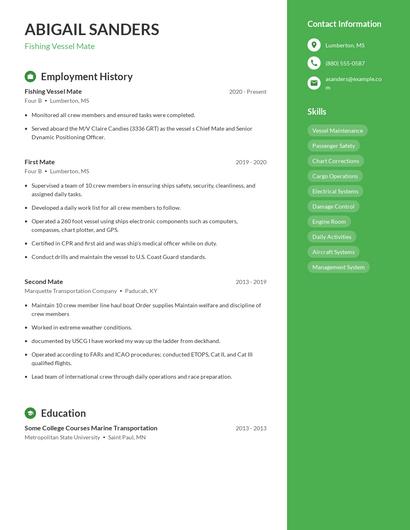 Fishing Vessel Mate Resume