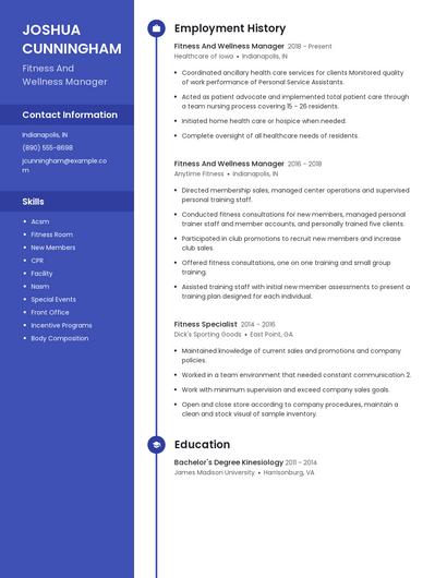 Fitness And Wellness Manager Resume