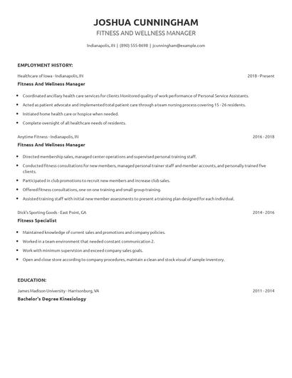 Fitness And Wellness Manager Resume