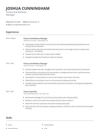Fitness And Wellness Manager Resume