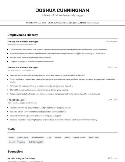 Fitness And Wellness Manager Resume