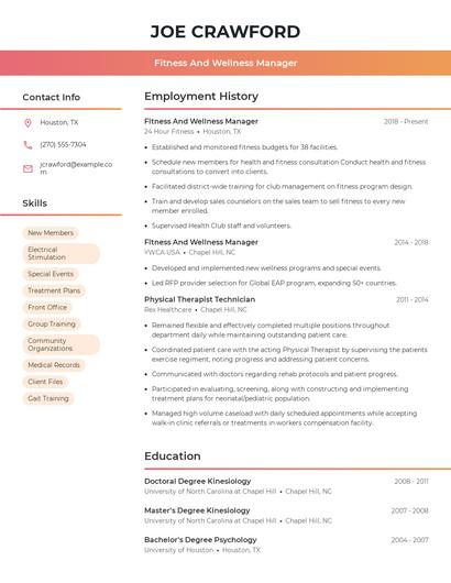 Fitness And Wellness Manager Resume