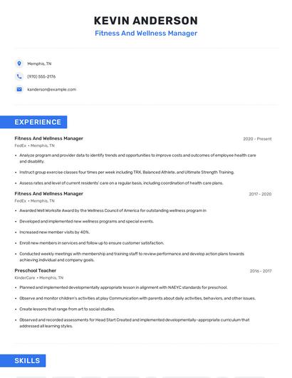 Fitness And Wellness Manager Resume