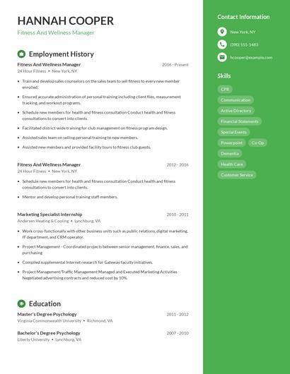 Fitness And Wellness Manager Resume