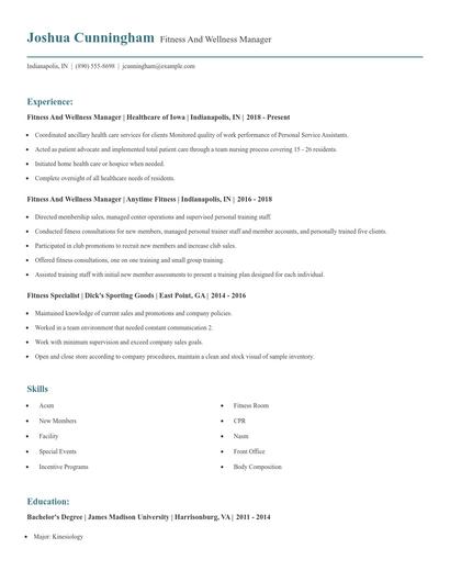 Fitness And Wellness Manager Resume