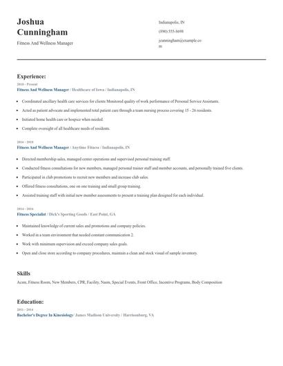 Fitness And Wellness Manager Resume
