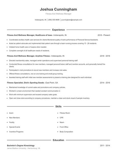 Fitness And Wellness Manager Resume
