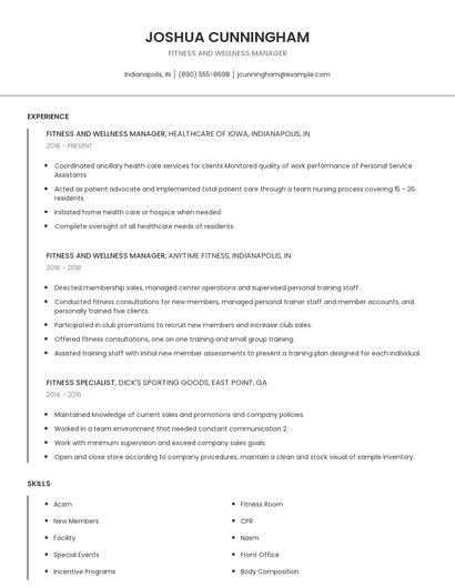 Fitness And Wellness Manager Resume