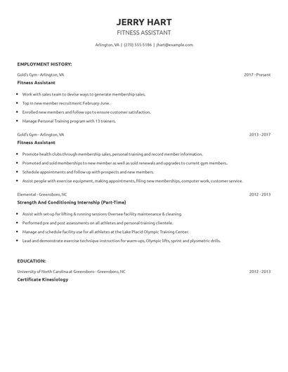 Fitness Assistant Resume