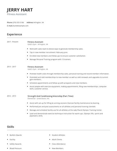Fitness Assistant Resume