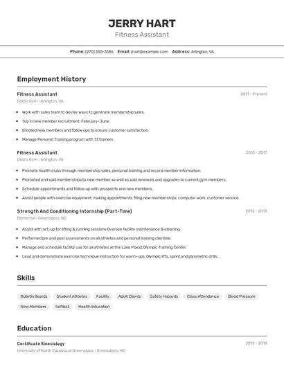 Fitness Assistant Resume