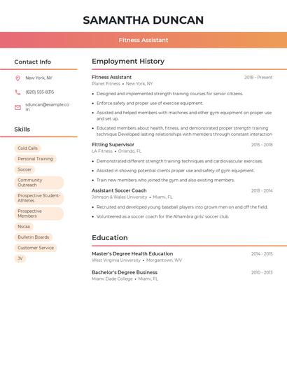 Fitness Assistant Resume