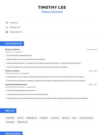 Fitness Assistant Resume