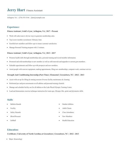 Fitness Assistant Resume