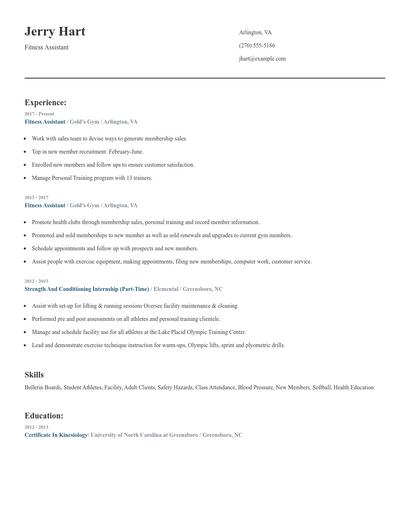 Fitness Assistant Resume