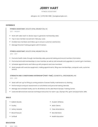Fitness Assistant Resume