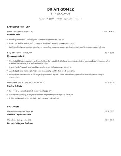Fitness Coach Resume