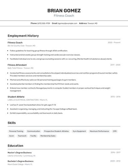 Fitness Coach Resume