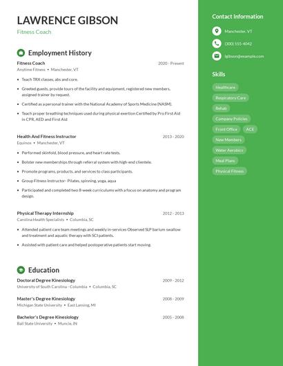 Fitness Coach Resume