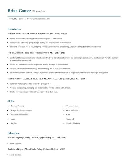 Fitness Coach Resume