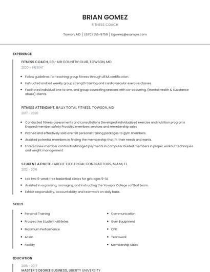Fitness Coach Resume