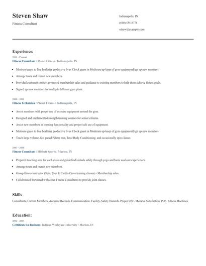 Fitness Consultant Resume