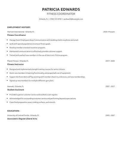 Fitness Coordinator Resume