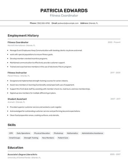 Fitness Coordinator Resume