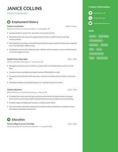 Fitness Coordinator Resume