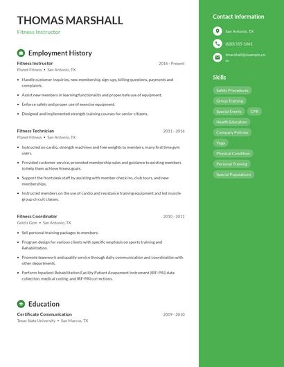 Fitness Instructor Resume