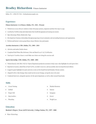 Fitness Instructor Resume