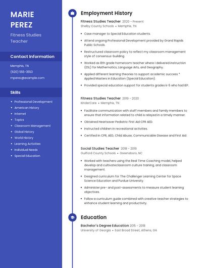 Fitness Studies Teacher Resume