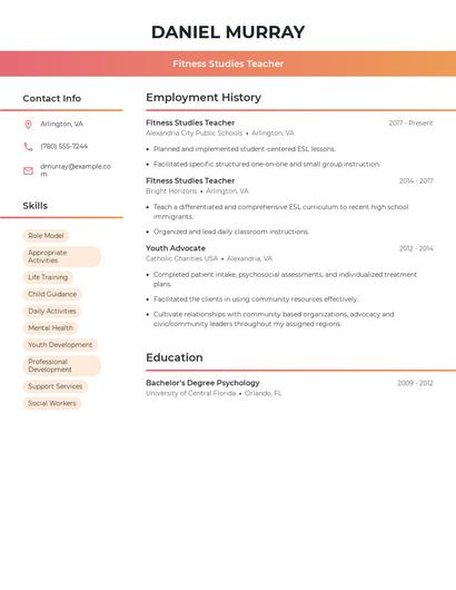 Fitness Studies Teacher Resume