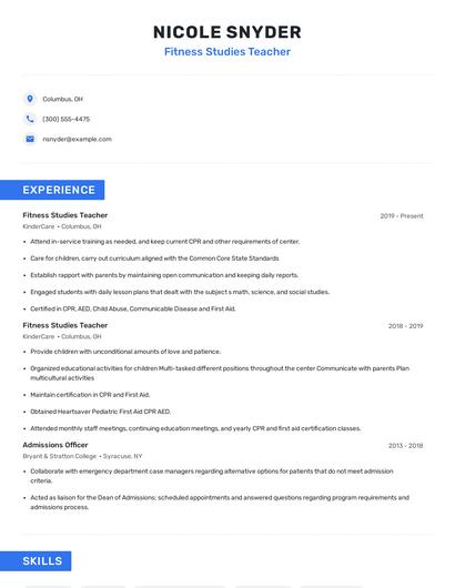 Fitness Studies Teacher Resume