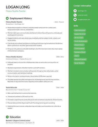 Fitness Studies Teacher Resume