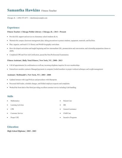 Fitness Teacher Resume