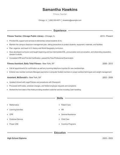 Fitness Teacher Resume
